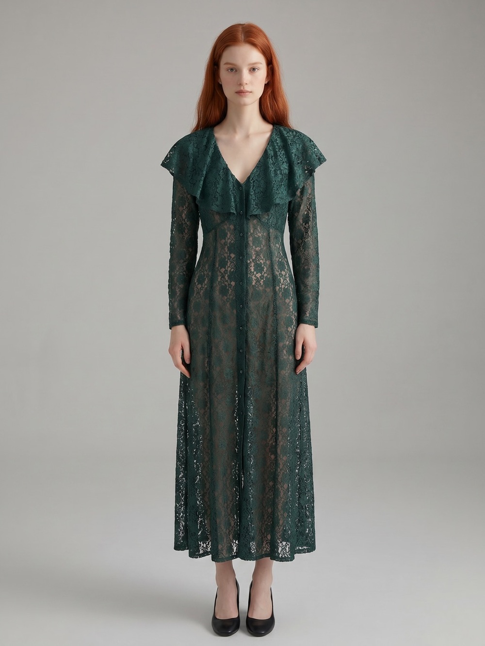 Boulevard de Paris Vintage 90s Whimsygoth Green Lace Maxi Dress Ruffle Collar